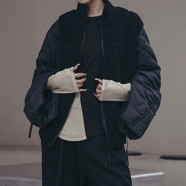SIMPLE BLACK-Stand Collar Fleece Panel Padded Jacket