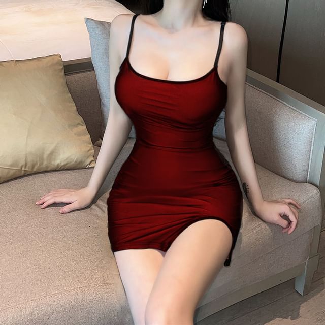 Dinse - Spaghetti Strap Scoop Neck Plain Side-Slit Mini Bodycon Dress |  YesStyle