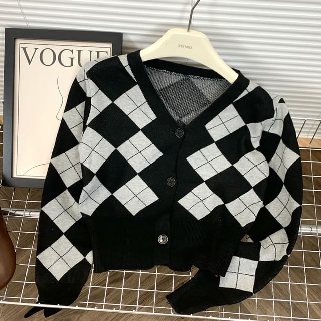 Beaustreet-V-Neck Argyle Cardigan