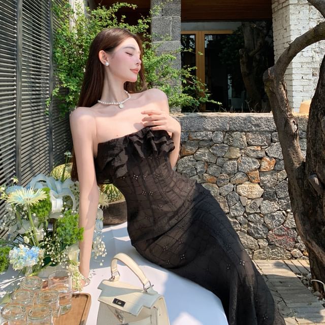 JIYON-Strapless Plain Ruffled Midi Mermaid Dress