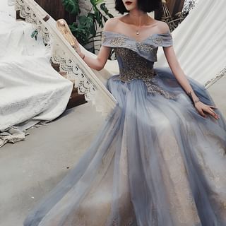 Ferim Off-Shoulder Embroidered A-Line Gown Sale