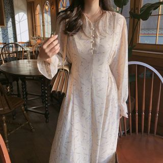 Tangihouse - Floral Long-Sleeve Midi Chiffon Dress