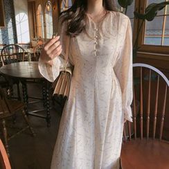 Tangihouse - Long-Sleeve V-Neck Floral Print Midi Chiffon Dress