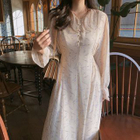 Tangihouse - Floral Long-Sleeve Midi Chiffon Dress