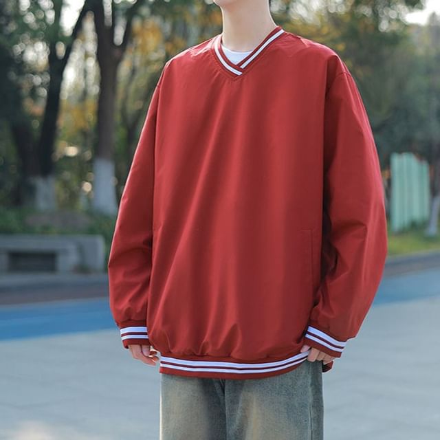 Obikan-Drop Shoulder V-Neck Striped Oversized Sweatshirt