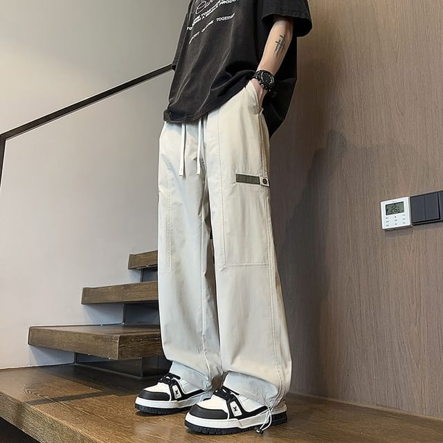 Obikan-Drawstring Waist Plain Cargo Straight Leg Sweatpants
