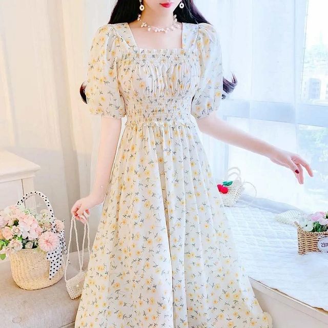 Ionalalola - Short-Sleeve Square Neck Floral Print Shirred Midi A-Line Dress | YesStyle Ionalalola - Short-Sleeve Square Neck Floral Print Shirred Midi A-Line Dress | YesStyle