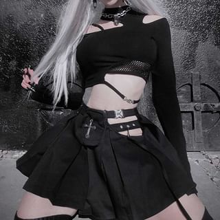 meadowdrop-Long-Sleeve Mock Neck Plain Asymmetrical Mesh Panel Cutout Crop Top High Rise Pleated Buckled Mini A-Line Skirt
