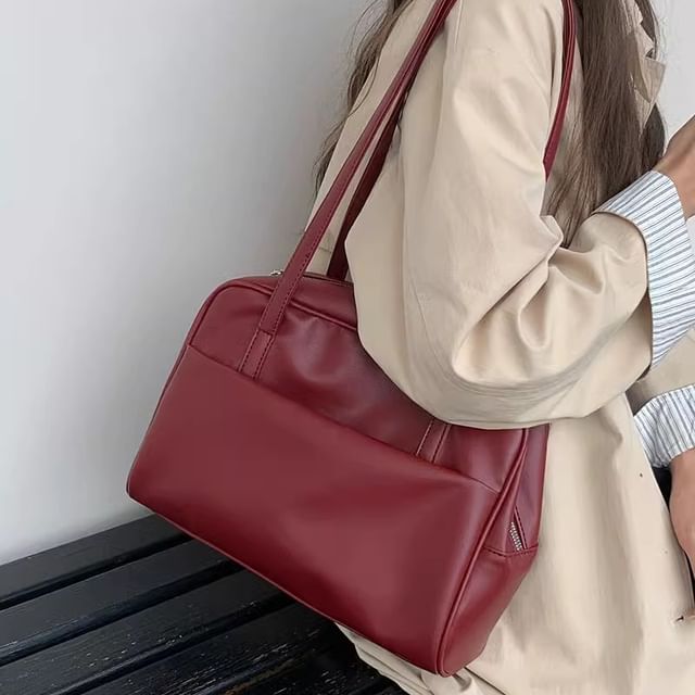 Indenis-Plain Faux Leather Tote Bag