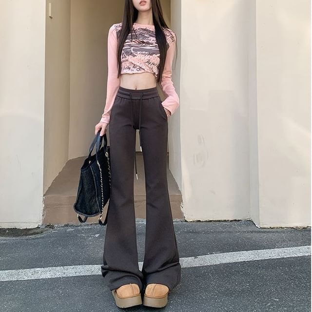Denimot-Drawstring Waist Plain Flared Pants Various Designs