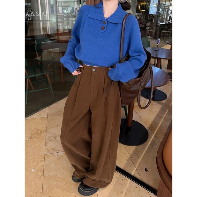 Trendycas-Collared Plain Button Sweater Mid Waist Plain Baggy Pants