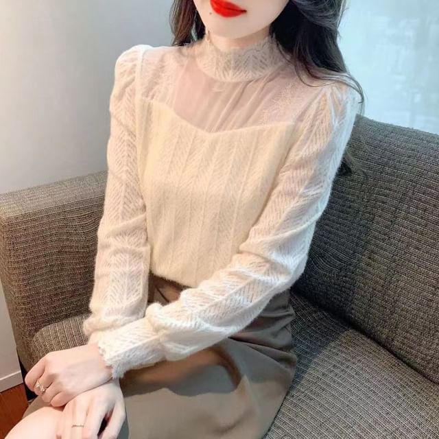 Everose-Long-Sleeve Stand Collar Plain Panel Top