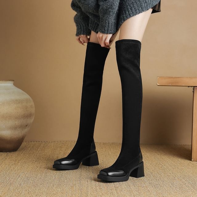 Cinnabelle-Square Toe Platform Panel Faux Suede Block Heel Over The Knee Boots