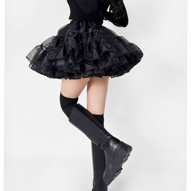 Ulark-High Waist Pleated Mini Ruffle A-Line Skirt