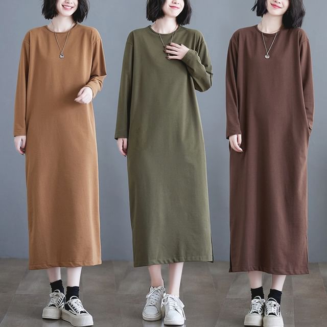 Lewwe-Long Sleeve Crew Neck Maxi Dress