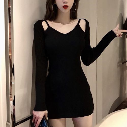 Korean Aesthetic Black Dress With Wide Waist Corset Belt