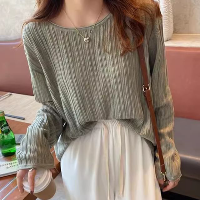HYAKU-Long Sleeve Round Neck Plain Ribbed Knit Top