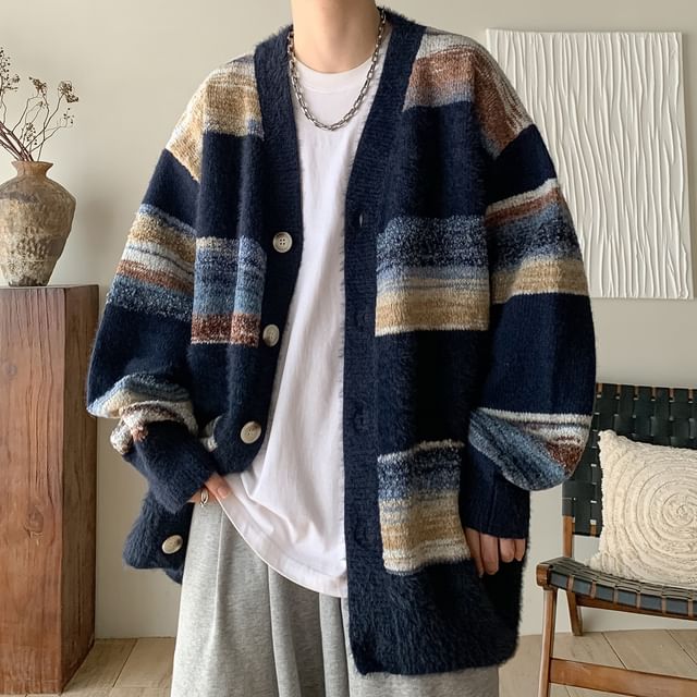 Nightbell-V-Neck Color Block Button-Up Cardigan