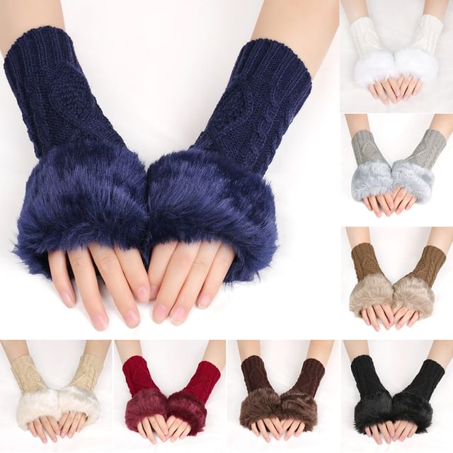 Kinoxslone-Fleece Panel Cable Knit Fingerless Gloves