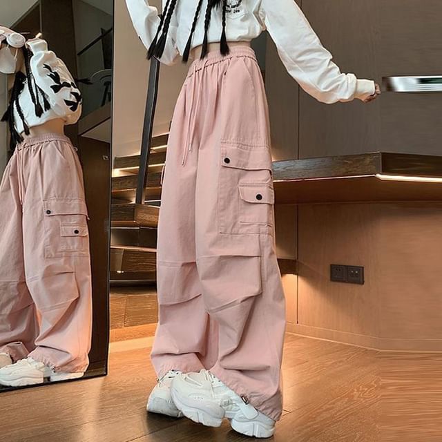Cloud Nine-Drawstring Waist Plain Cargo Baggy Pants