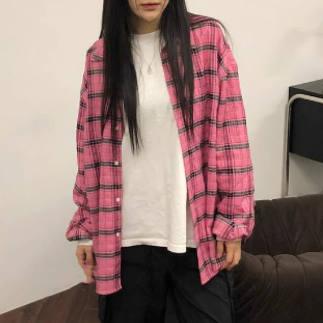 Moon City-Long-Sleeve Plaid Button-Up Shirt