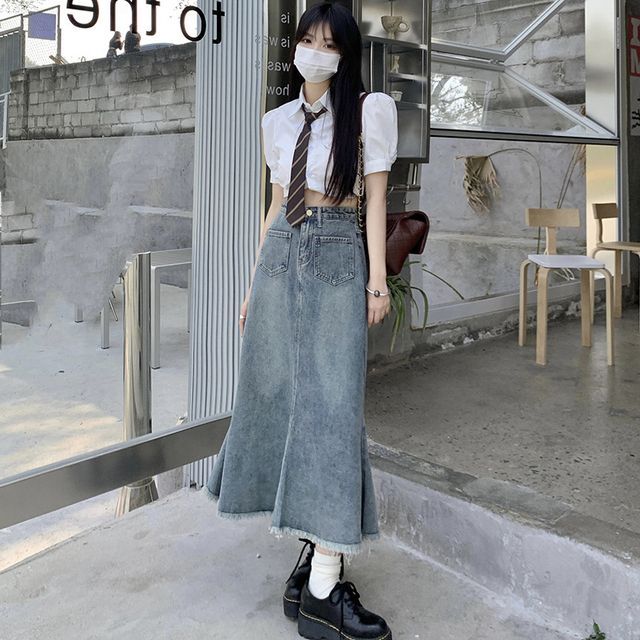 Denimot - High Rise Washed Fray Midi Mermaid Denim Skirt | YesStyle