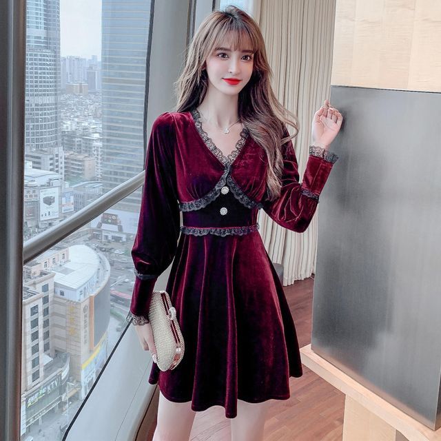 WOW!NITE - Long-Sleeve Lace Panel Velvet Mini A-Line Dress