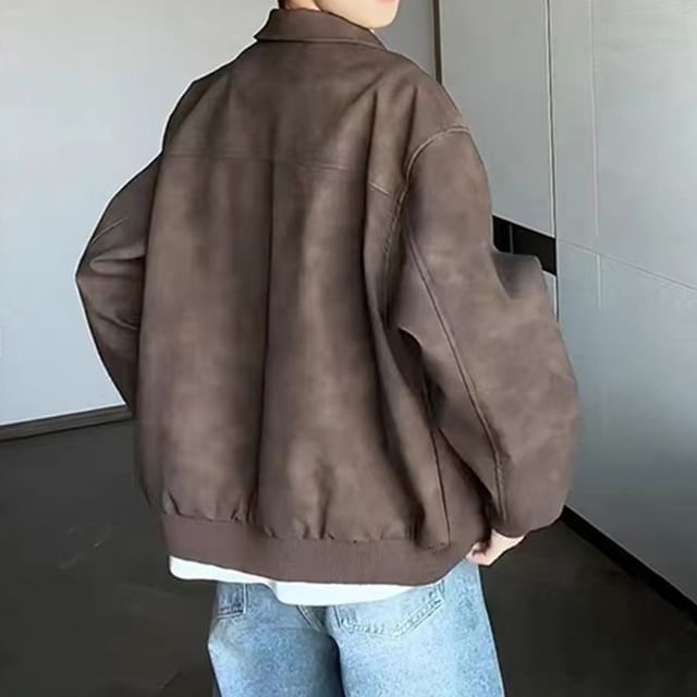 Adothuiastic-Collared Plain Zip-Up Faux Leather Jacket