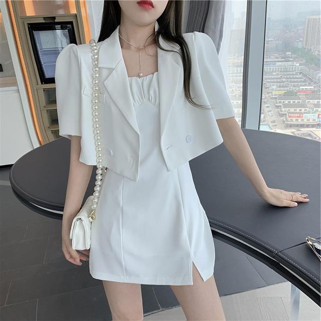 Rustie Short-Sleeve Plain Cropped Blazer Spaghetti Strap Mini