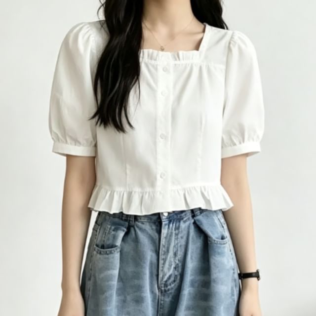 Sienne-Puff-Sleeve Ruffle Hem Blouse
