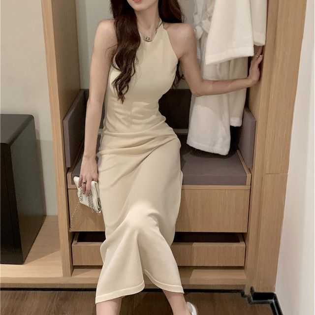 beige belted dress Midi Bodycon Knit Dress With Belt In Beige