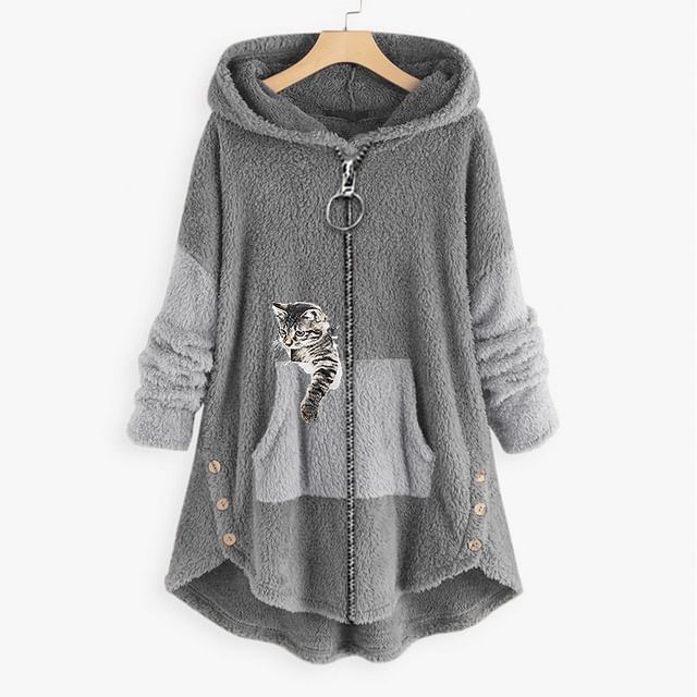 YARU Two Tone Cat Print Hooded Fleece ZipUp Oversized Jacket YesStyle