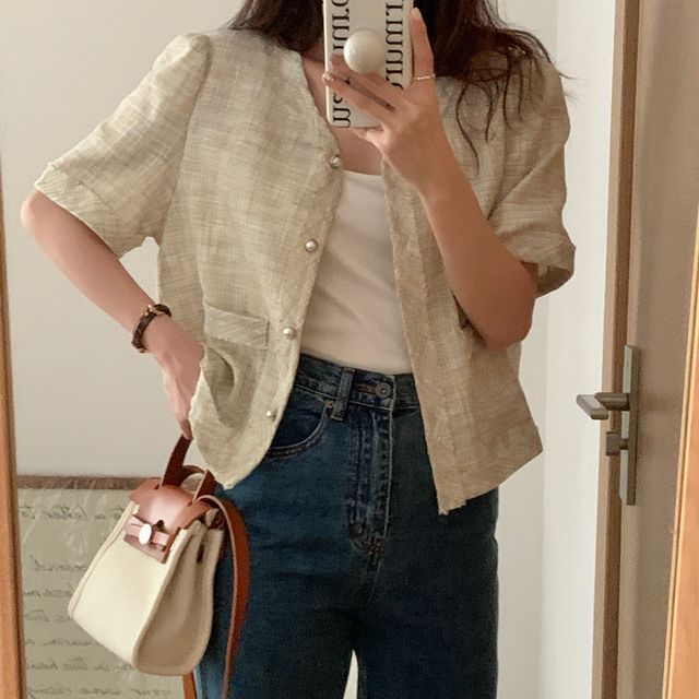 ISSOL-Short-Sleeve Plaid Button Blazer