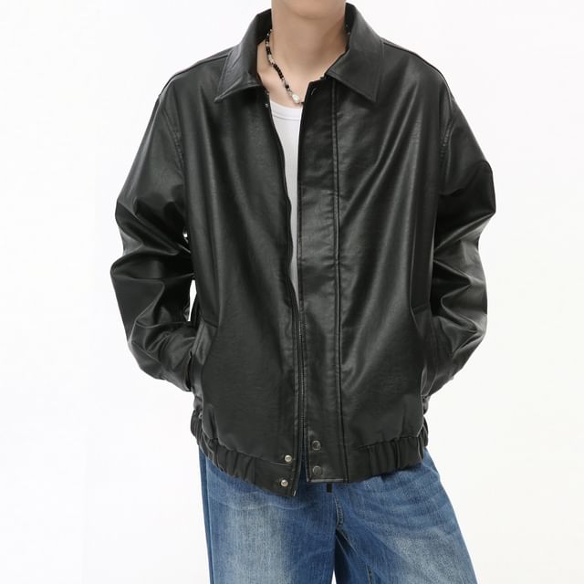 FAERIS-Faux Leather Collared Zip-Up Jacket