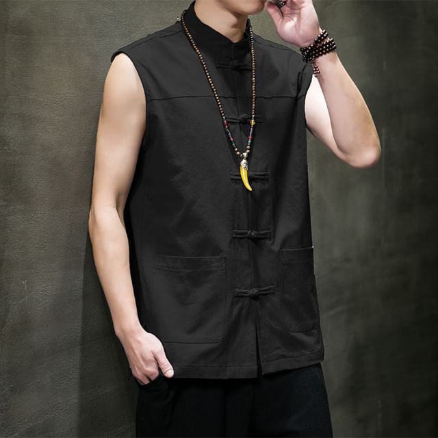Aozora-Sleeveless Mandarin Collar Plain Knot Button Vest