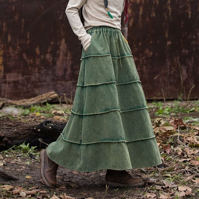 Lewwe-Drawstring Waist Plain Ramie Maxi A-Line Skirt