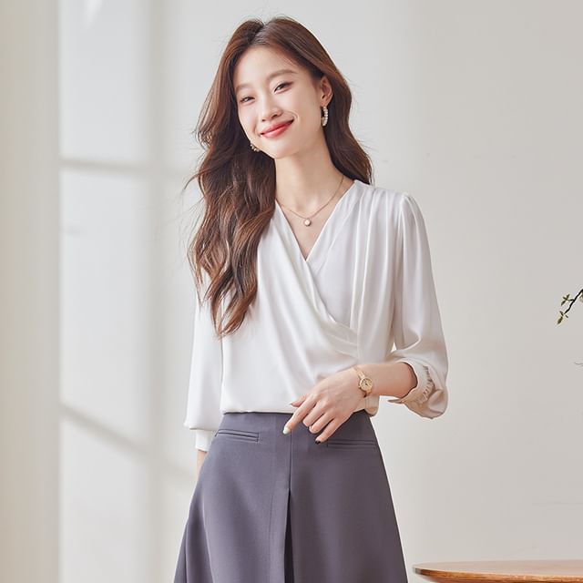 Skyheart-Long Sleeve V-Neck Plain Ruched Wrap Blouse