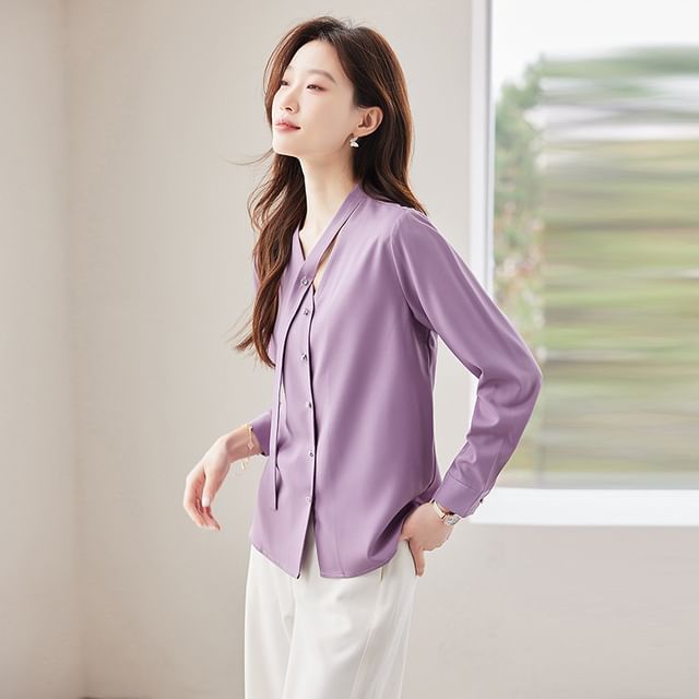 Skyheart-Long Sleeve V-Neck Plain Blouse