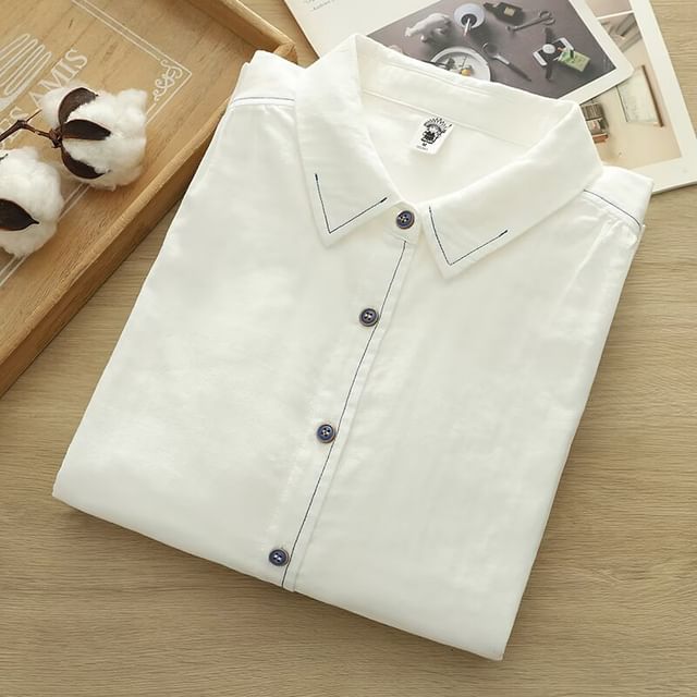 PANDAGO-Long-Sleeve Contrast Stitching Shirt