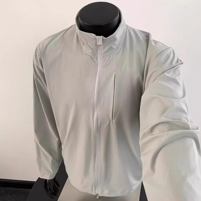 fluffush-Stand Collar Zip-Up Plain Jacket