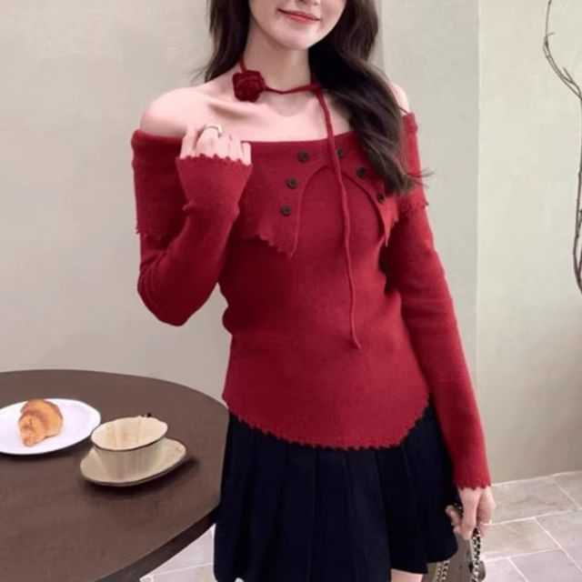 INEN-Long-Sleeve Off-Shoulder Button Lettuce Edge Knit Top