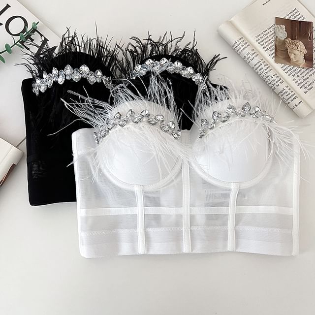 DIYI-Strapless Frayed Rhinestone Crop Bra Top