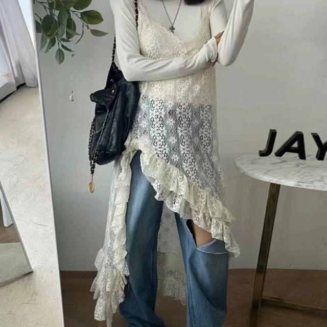 Janerium-Spaghetti Strap V-Neck Lace Mini Dress