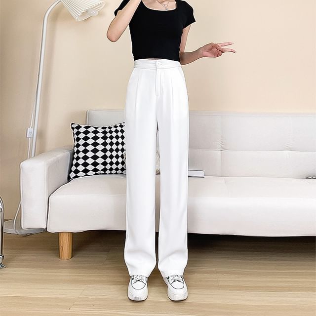 Woohan-High Rise Plain Wide Leg Pants