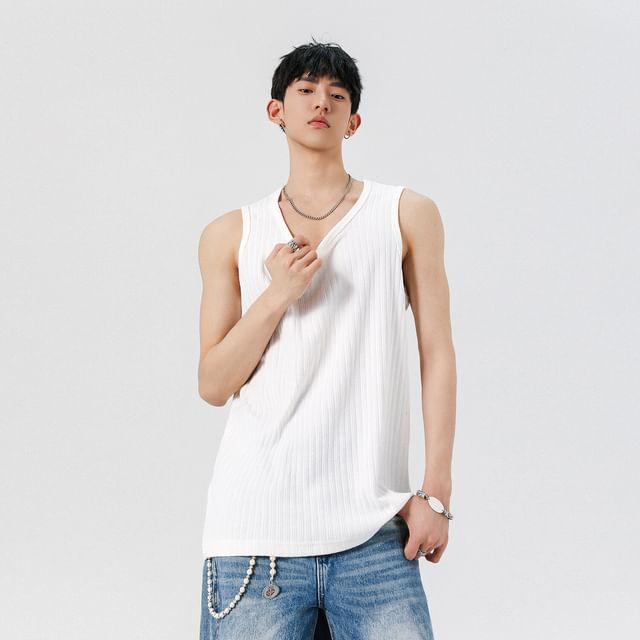 Omozando-Round Neck Plain Ribbed Tank Top