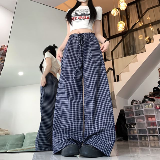 2DAWGS-Drawstring Waist Gingham Baggy Pants