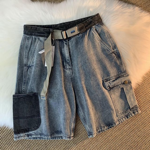 Diphon-Mid Rise Washed Denim Cargo Shorts
