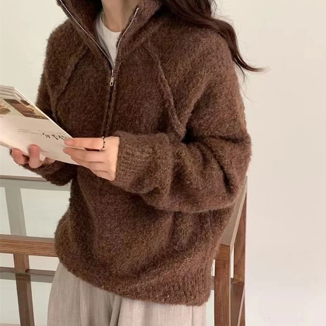 FR-Stand Collar Plain Half Zip Sweater