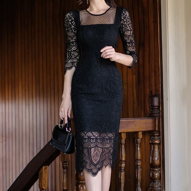 Aurora - Elbow-Sleeve Lace Bodycon Dress | YesStyle
