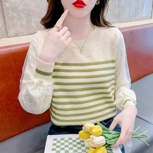Dragan Pulse-Round Neck Striped Lace Panel Sweater